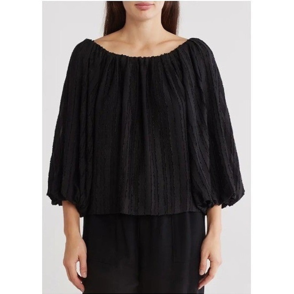 Renee C Women's Semi Sheer Boat Neck Balloon Sleeve Blouse Size Medium Black EUC